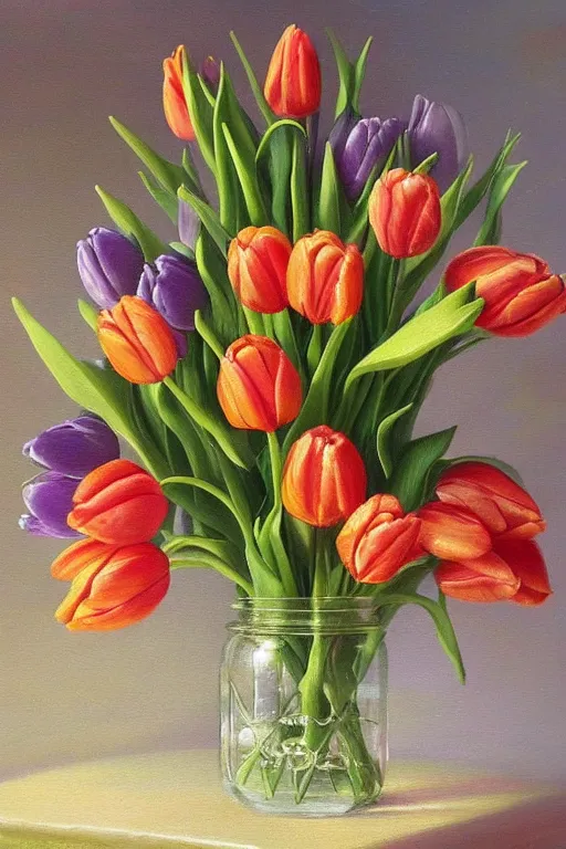 Prompt: a beautiful oil painting of flower arrangement tulips in a glass mason jar, by Thomas Kinkade, 4K , intricate and detailed, trending on Artstation, behance,