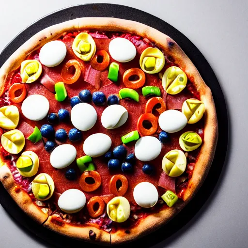 Image similar to a pizza with toppings of onions, peppers, sausage, ice cream, pepperoni, brussels sprouts, gummi worms, tide pods, pineapple, ham, deviled eggs, corn, celery, sesame chicken, oreos, carrots, blueberries, salmon, macaroni, depth of field, dynamic lighting, food photography, studio, bokeh