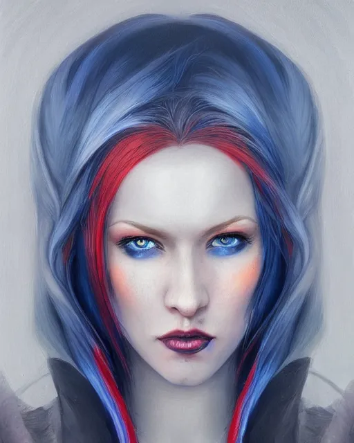 Prompt: A detailed matte oil on canvas head on symmetrical portrait of a distinguished elven woman with split red and blue hair on an empty background, by Charlie bowater, Wlop, trending on artstationhd, dungeons and dragons art, parted hair , half blue, half red , split dye, critical role