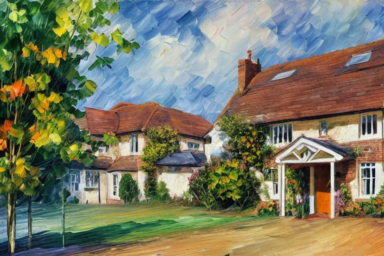 Prompt: cyberpunk, an estate agent listing photo, external view of a 5 bedroom detached countryside house in the UK, summer, sunny day, by Leonid Afremov