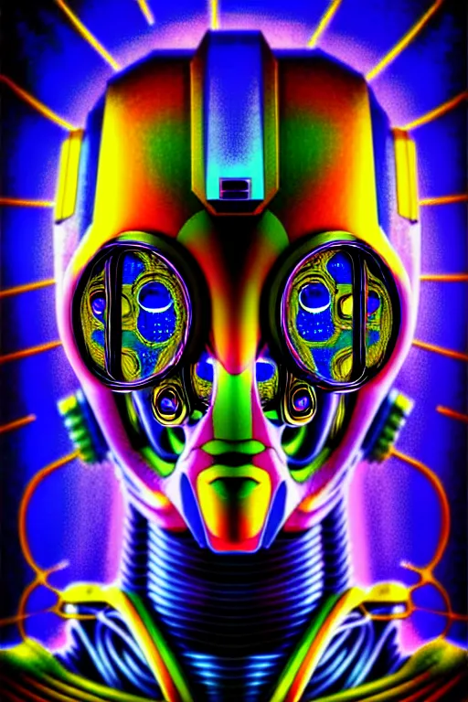 Image similar to maximalist detailed scifi robot head portrait. lowbrow scifi artwork by kidsquidy. ray tracing hdr polished sharp in visionary psychedelic fineart style inspired by alex grey and cameron gray