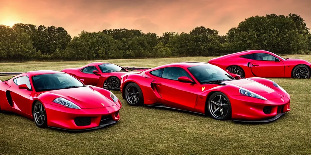 Image similar to cinematic fast sportscar reminiscent of toyota, ferrari and porsche in a lush field, shiny, red, beautiful lighting, photorealistic, sharp, sunset, by scott robertson