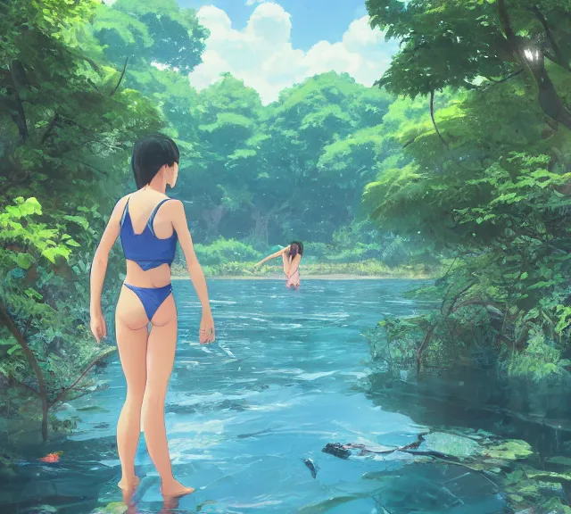 Image similar to one single girl wearing a blue bathing suit wading, standing in a narrow river, trees bent over the river, shady, ripples, facing, looking at the camera, inviting look, atmospheric lighting. By Makoto Shinkai, Stanley Artgerm Lau, WLOP, Rossdraws, James Jean, Andrei Riabovitchev, Marc Simonetti, krenz cushart, Sakimichan, trending on ArtStation, digital art.