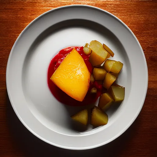 Prompt: Alinea dish - Potato with Ketchup, food photography, award winning, Grant Achtz