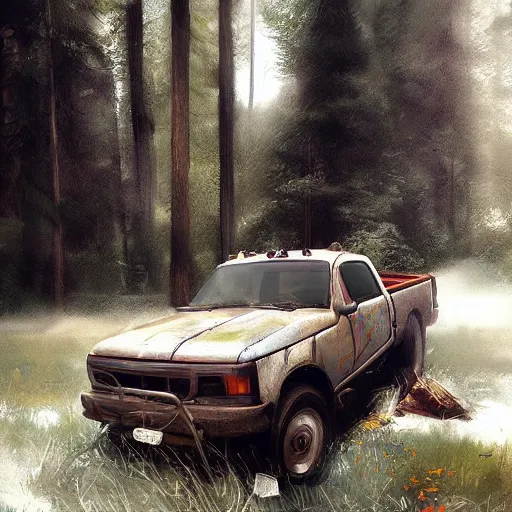 Image similar to a pickup truck in the woods, digital art by ruan jia and mandy jurgens and artgerm, highly detailed, trending on artstation, award winning