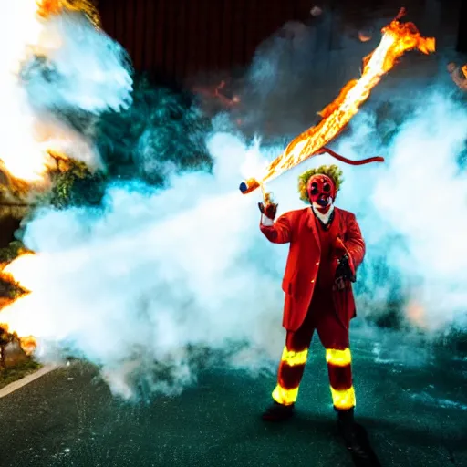 Prompt: photo of a clown using a flamethrower projecting a long bright flame towards a dumpster fire