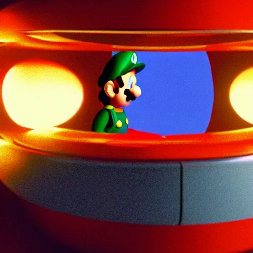 Prompt: Still of Super Mario in the movie 2001 A Space Odyssey, inside the spaceship, cinematic lighting, 4k