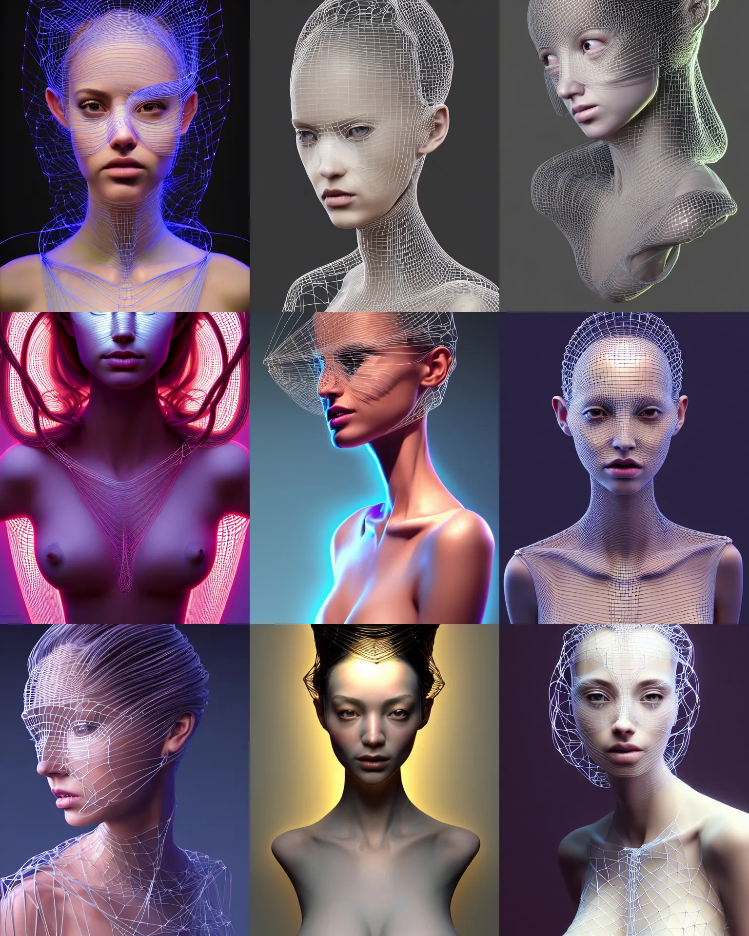 Prompt: beautiful young woman portrait made from digital wire frame, polymesh, polygroups, maya, zbrush, high poly 3 d glowing wireframe models, wire frame, ultra realistic, dramatic lighting, intricate details, holographic artifacts, highly detailed by peter mohrbacher, boris vallejo, hajime sorayama, wayne barlowe, paolo eleuteri serpieri