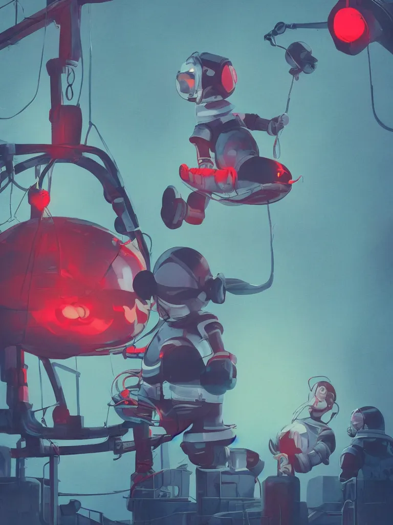 Image similar to graphic art of dystopian futuristic 1 0 mechanic surgeons in space suits, operate on a huge mickey mouse! severed - head!! held by a crane. ominous glowing red netflix!!! sign in the background, trending on art station, beeple