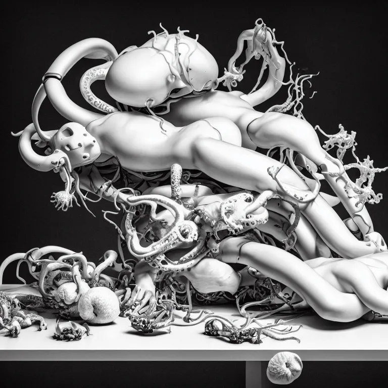 Prompt: still life of two cyborg lovers laying on a table, white flowers on a table, white alien squid, white octopus, , surreal alien ribbed white fruit, white human spine, baroque painting, beautiful detailed intricate insanely detailed octane render trending on Artstation, 8K artistic photography, photorealistic, chiaroscuro, Raphael, Caravaggio beautiful BW monochrome