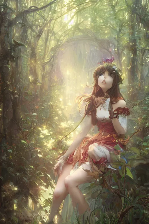 Image similar to anime key visual of a beautiful young female scarlette witch intricate, magical forest, stunning, highly detailed, digital painting, artstation, smooth, hard focus, illustration, art by artgerm and greg rutkowski and alphonse mucha