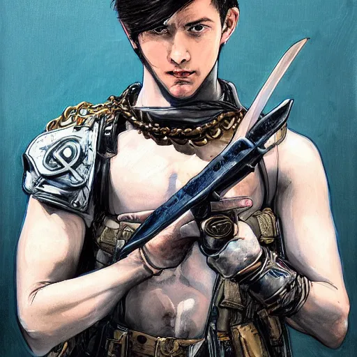 Image similar to portrait of a young white hero using his right arm to hold his sword covering his eye by yoji shinkawa, high quality, extra details, realism, ornate, colored, golden chain, blood, white skin, short hair, brown eyes, vivid, sunlight, dynamic, american man, freedom, white american soldier, painting, cybernetics, military