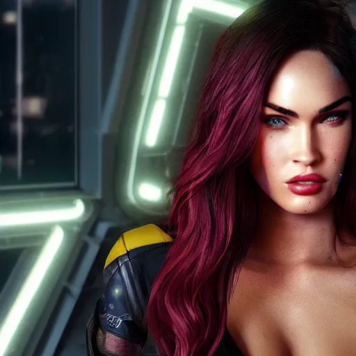 Image similar to Megan Fox portrait, ultra photorealistic, Cyberpunk 2077, neon, octane, bokeh, 8k