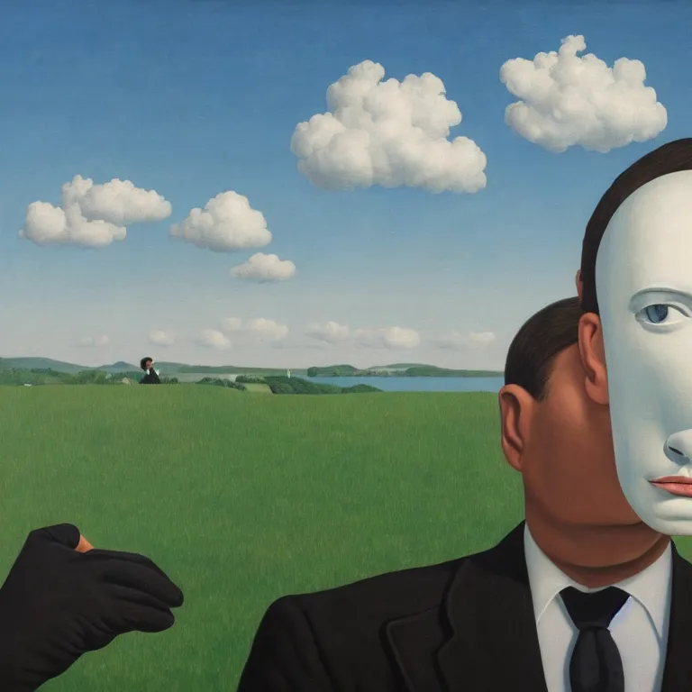 Image similar to portrait of a faceless reflective chrome - head man in a suit and black gloves, clouds and nature landscape in the background, by rene magritte, detailed painting, distance, centered, hd, hq, high resolution, high detail, 4 k, 8 k