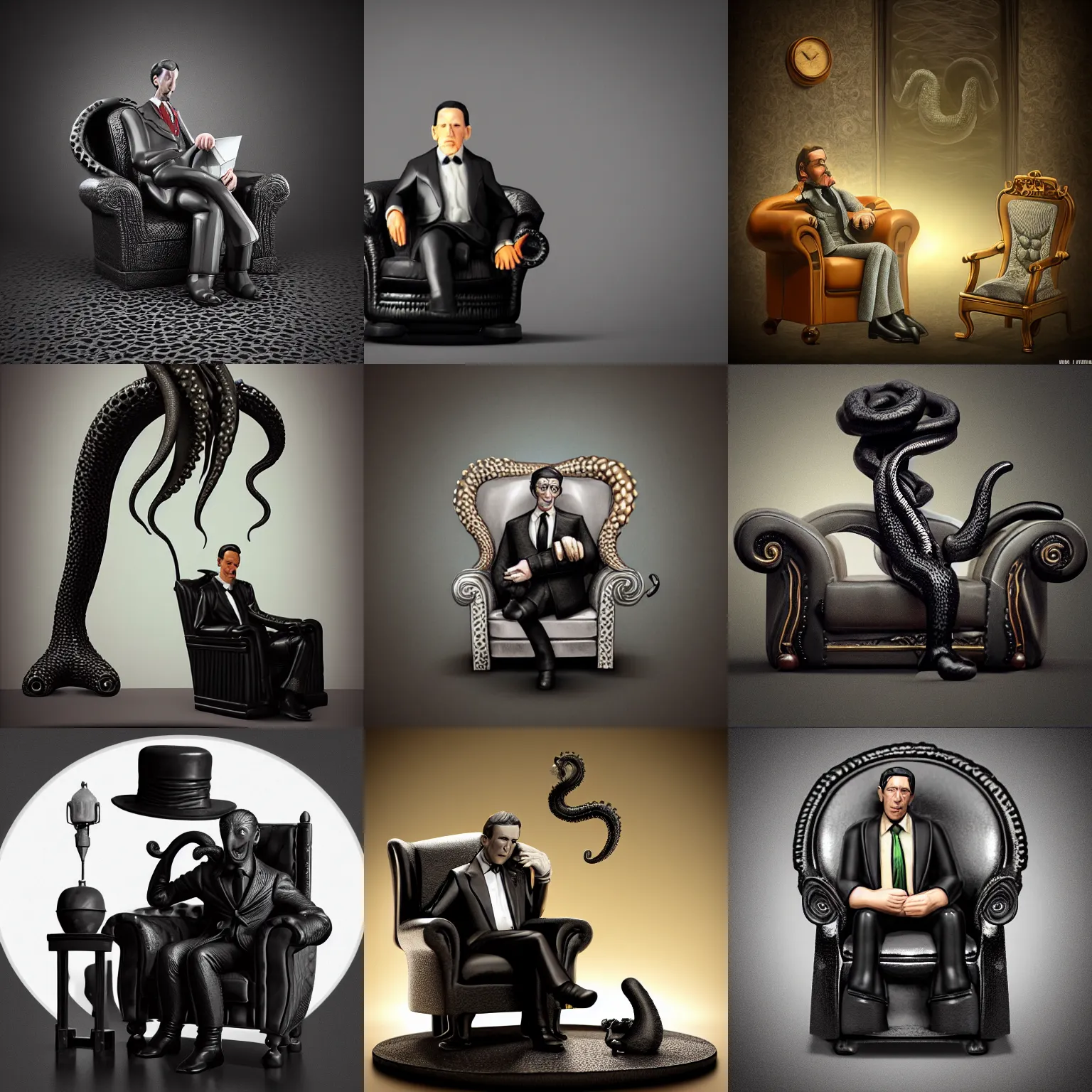 Prompt: isometric view black resin miniature - howard phillips lovecraft hold the cat on the lap, man dressed suit sit in tall leather armchair, circle base as big tentacle with suction cups, black background, octane render, backlight, macroshot, highly detailed intricate matte sharp focus digital painting artstation pixiv