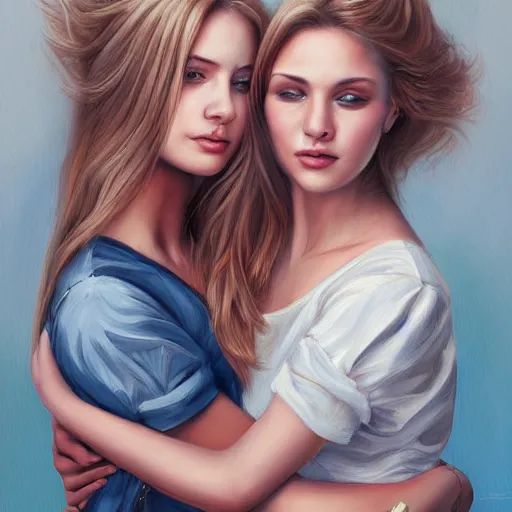 Image similar to a painting two young women in their 2 0 s hugging, they are both beautiful with long blond hair, highly detailed, digital art