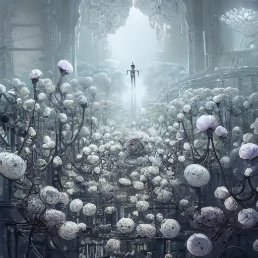 Prompt: intricate bio - mechanical white flowers intertwined with human bio - mechanical organs, intricate environment, matte painting, cinematic, epic composition, highly detailed, atmospheric, wide angle, artstation trending