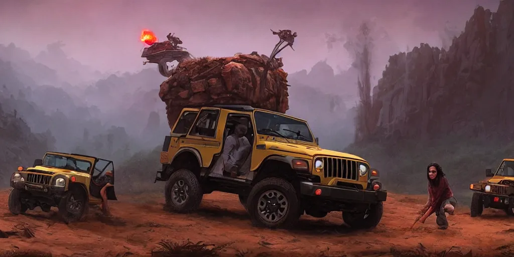 Image similar to Mahindra thar, malayalis attacking, furious action scene, an epic fantasy, dramatic lighting, cinematic, establishing shot, extremely high detail, photorealistic, cinematic lighting, artstation, by simon stalenhag, shadow of the tomb rider