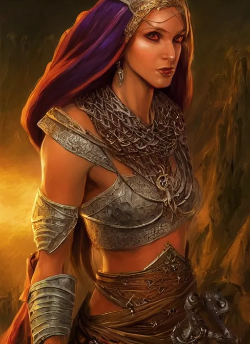 Prompt: arabian human female, ultra detailed fantasy, dndbeyond, bright, colourful, realistic, dnd character portrait, full body, pathfinder, pinterest, art by ralph horsley, dnd, rpg, lotr game design fanart by concept art, behance hd, artstation, deviantart, hdr render in unreal engine 5