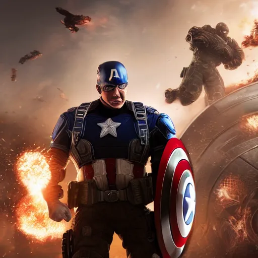 Image similar to Portrait! of President Donald Trump as ((captain america)) in Gears of War, splash art, movie still, cinematic lighting, dramatic, octane render, long lens, shallow depth of field, bokeh, anamorphic lens flare, 8k, hyper detailed, 35mm film grain