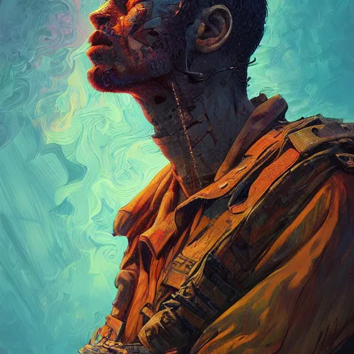 Prompt: Rugged soldier, colorful, surreal, dramatic lighting, face, upper body, detailed, intricate, elegant, highly detailed, digital painting, artstation, concept art, smooth, sharp focus, illustration, art by Sam Spratt, Dan Mumford, Artem Demura and Alphonse Mucha