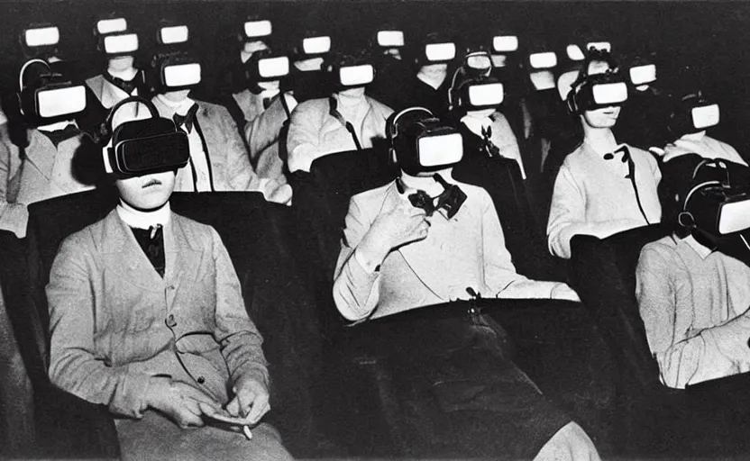 Image similar to 1 9 0 0 s photo of people wearing virtual reality headsets vr in a movie theater masterpiece