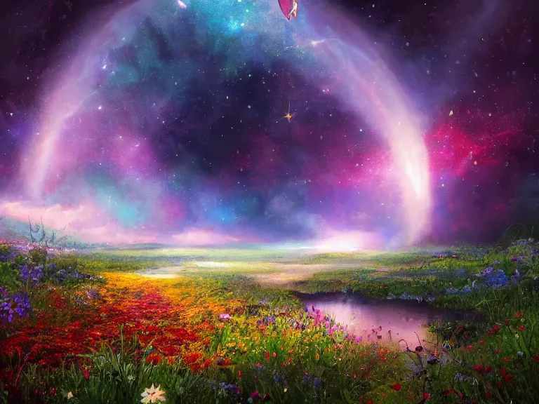 Prompt: a fine painting of a glorious place where the heavens open to the great cosmos, where flowers are launched into the unknown 8 k, ultra realistic, lens flare, atmosphere, glow, detailed, intricate, full of colour, cinematic lighting, trending on artstation, 4 k, hyperrealistic, focused, extreme details, unreal engine 5, cinematic, masterpiece