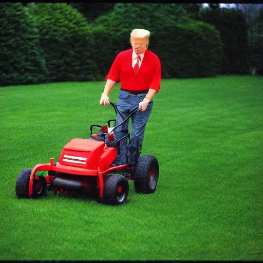 Prompt: donald trump using a lawn mower, cinestill, 800t, 35mm, full-HD