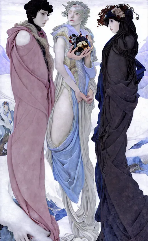 Image similar to 3 Winter Deities, (one representing each month of December, January, and February), in a style blending Æon Flux, Peter Chung, Botticelli, Ivan Bolivian, and John Singer Sargent, inspired by pre-raphaelite paintings, shoujo manga, and cool Japanese street fashion, dramatic moody cold landscape, dark and muted colors, hyper detailed, super fine inking lines, ethereal atmosphere, ghost, 4K extremely photorealistic, Arnold render