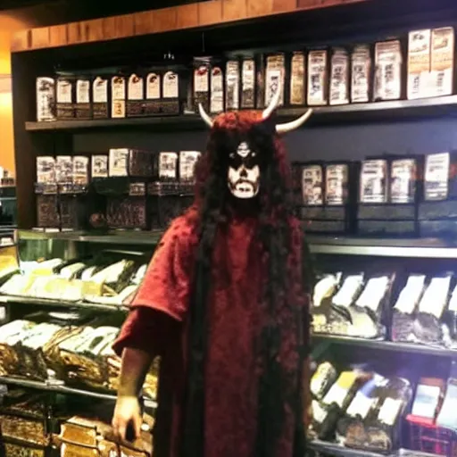 Image similar to Just one of the many demon inhabitants from the five hells hanging out in the Starbucks backroom.