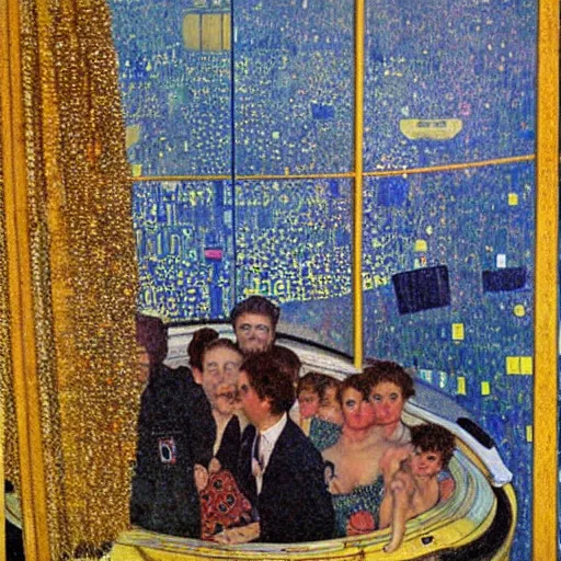 Image similar to men and women looking out of the porthole windows on a large ufo in the sky above a town painting by gustav klimt