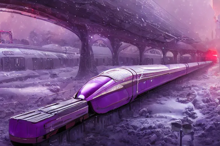 Image similar to willy wonka's grand intricate futuristic purple colorful bullet train, post - apocalyptic ice landscape in snowstorm, concept art, artstation, highly detailed, digital art