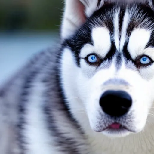 Image similar to a husky wearing a black jacket with blue eyes