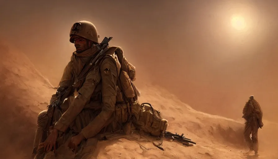 Image similar to beautiful digital painting of a soldier in a trench waiting for the war to end, in the sahara desert. cinematic lighting, atmospheric, emotions, concept art by greg rutkowski,