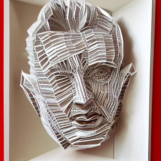 Prompt: a cut paper sculpture that looks like william shatter as captain kirk