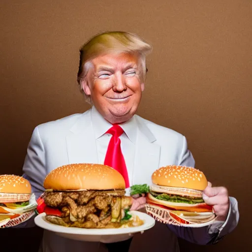 Image similar to donald trump eating an entire bowl filled with burgers, studio portrait photo, studio lighting, key light, food photography