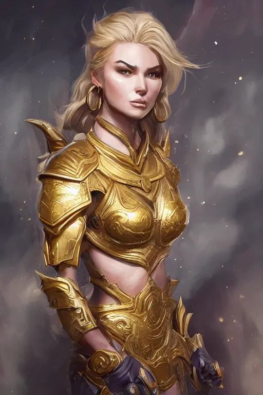 Image similar to three-quarters portrait pose of a beautiful woman, strong body, shining gold armor, human warrior, fantasy, intricate, elegant, highly detailed, digital painting, artstation, concept art, matte, sharp focus,D&D, illustration, art by Stanley Lau