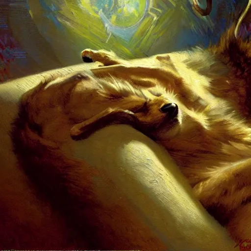 Image similar to a portrait of a furry alien sleeping on the couch. highly detailed painting by gaston bussiere, craig mullins, j. c. leyendecker, furry