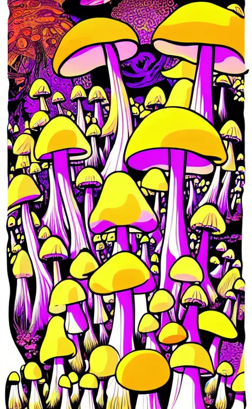 Prompt: psychedelic mushrooms wide angle shot, white background, vector art, illustration by frank frazetta