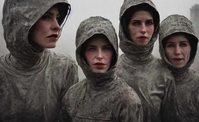 Prompt: cinestill 5 0 d photographic portrait by helen levitt of a group of android women wearing rugged black mesh techwear in a foggy cement maze, extreme closeup, modern cyberpunk, dust storm, 8 k, hd, high resolution, 3 5 mm, f / 3 2, ultra realistic faces, intricate detail, ex machina