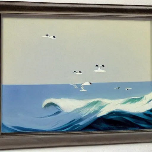 Image similar to white birds flying above the sea with big waves by Edward Hopper