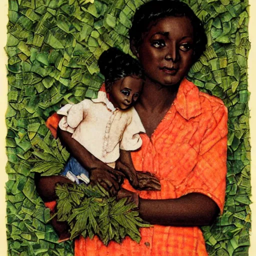 Prompt: a dark skinned woman holds a living doll made out of leaves and wool, art by norman rockwell