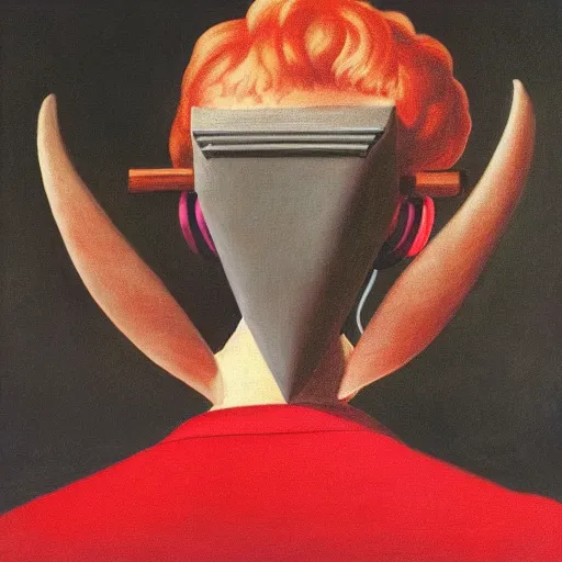 Image similar to a Evil-Satan-Demon listening to Headphones by Raphael, Hopper, and Rene Magritte. detailed, romantic, enchanting, trending on artstation.