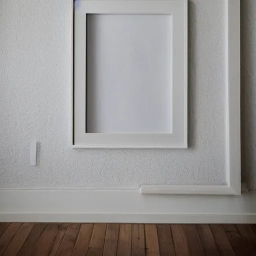 Image similar to minimalist clean bright mockup photo of large blank frame on floor with light wooden moulding, white background wall, light boho carpet, trending on etsy