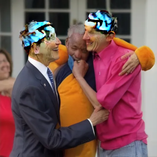 Image similar to president obama solemnly hugging a man dressed in a scooby doo costume