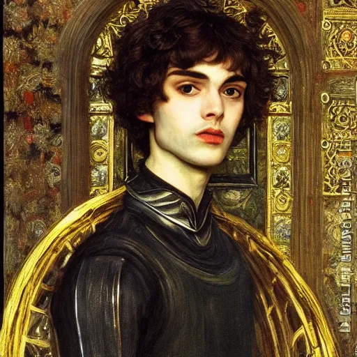 Image similar to painting of handsome beautiful medieval prince in his 2 0 s named shadow wearing a golden crown, elegant, clear, sharp focus, painting, stylized, art, art by john everett millais, john william waterhouse