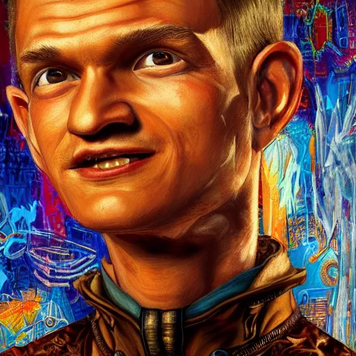 Image similar to vitalik buterin, realistic, regal, refined, detailed digital art, michael cheval, walt disney ( 1 9 3 7 ), basquiat, oil painting, steampunk, highly detailed, cinematic lighting, unreal engine, 8 k