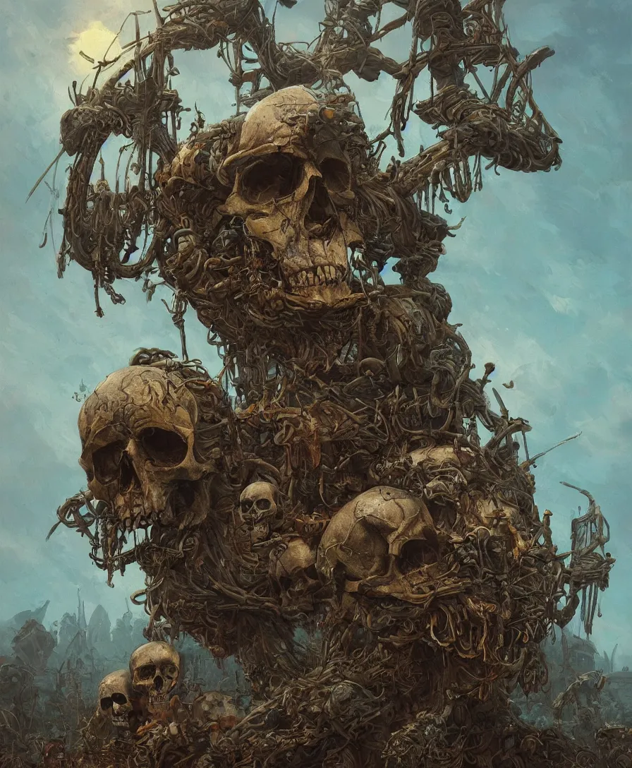 Image similar to close up skull and bones pile, illustrated by Simon Stålenhag and Gaston Bussiere, intricate, ultra detailed, photorealistic, trending on artstation