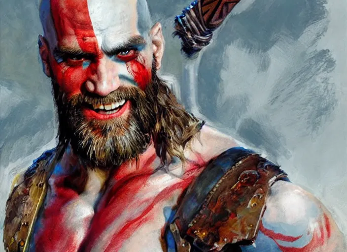 Image similar to a highly detailed beautiful portrait of jim carrey as kratos, by gregory manchess, james gurney, james jean