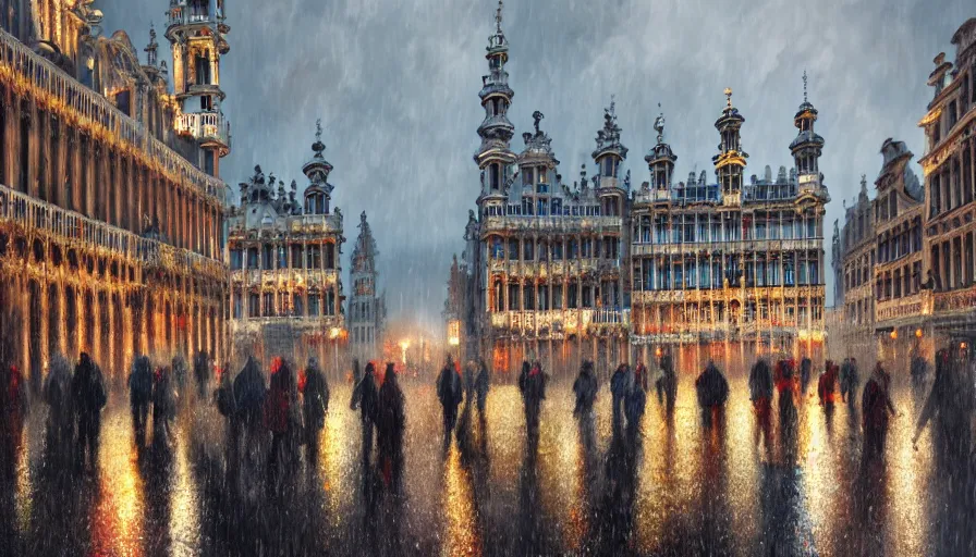 Image similar to grand place of brussels, rainy evening, people with umbrellas, hyperdetailed, artstation, cgsociety, 8 k